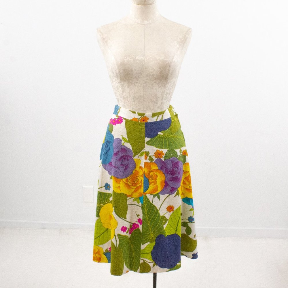 Vintage 60s 50s Pinup Floral Print Midi Skirt - Picture 2 of 7
